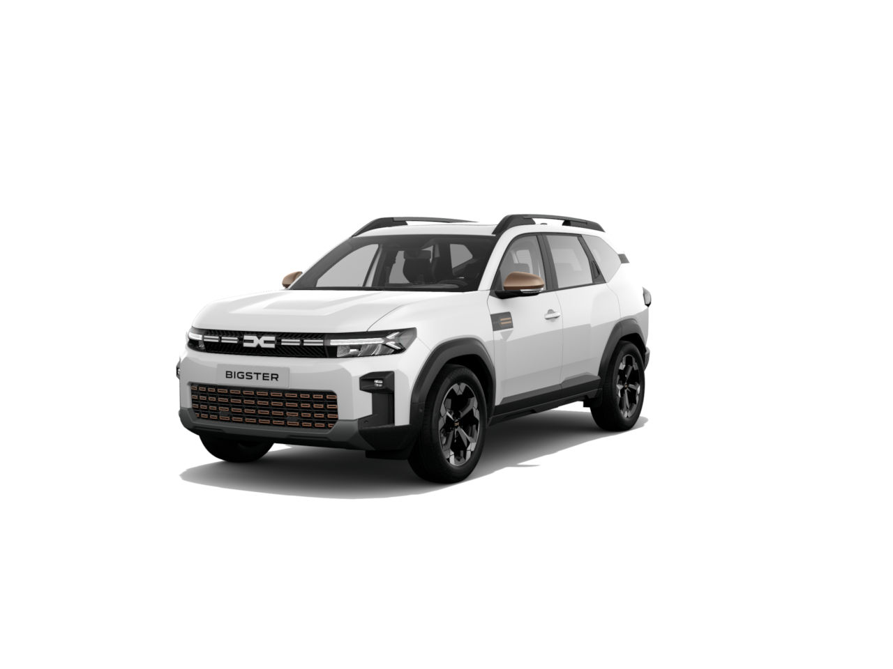 Weißer SUV Bigster mit sportlichem Design und markanter Frontansicht auf weißem Hintergrund.