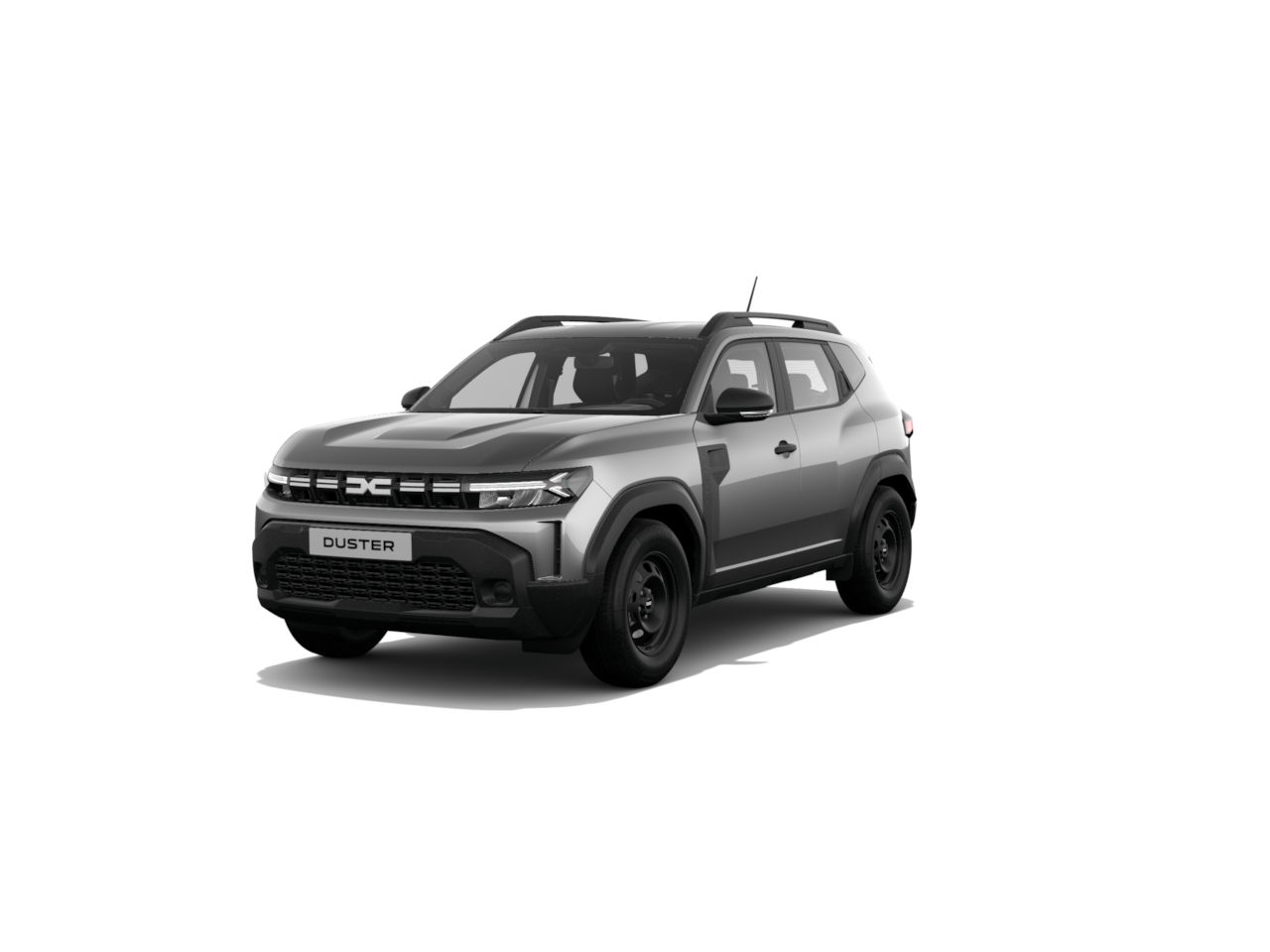 Der neue Dacia Duster in Silber mit schwarzen Felgen, frontal abgebildet auf weißem Hintergrund.
