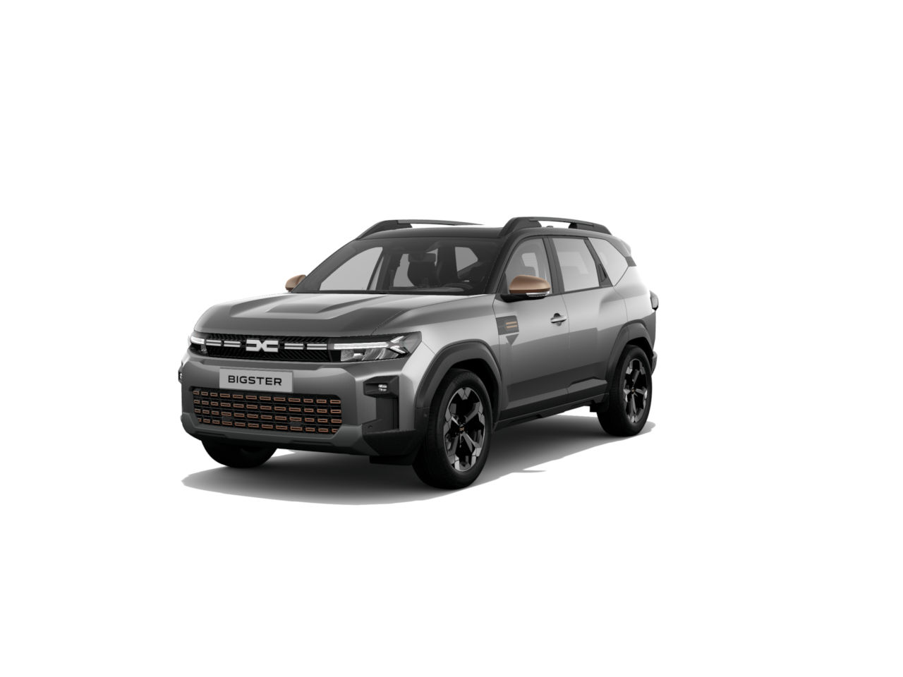 Ein moderner SUV in Grau und Schwarz, Modell Bigster, auf weißem Hintergrund. Vielseitig und stilvoll.