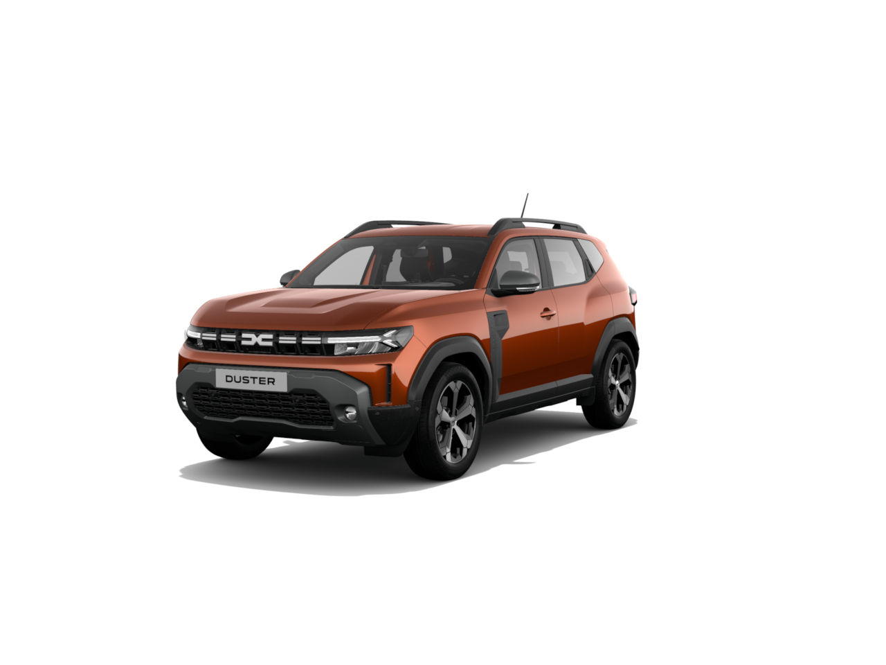 Ein orangefarbener SUV, der Duster, steht isoliert auf weißem Hintergrund. Er hat einen modernen, robusten Look.