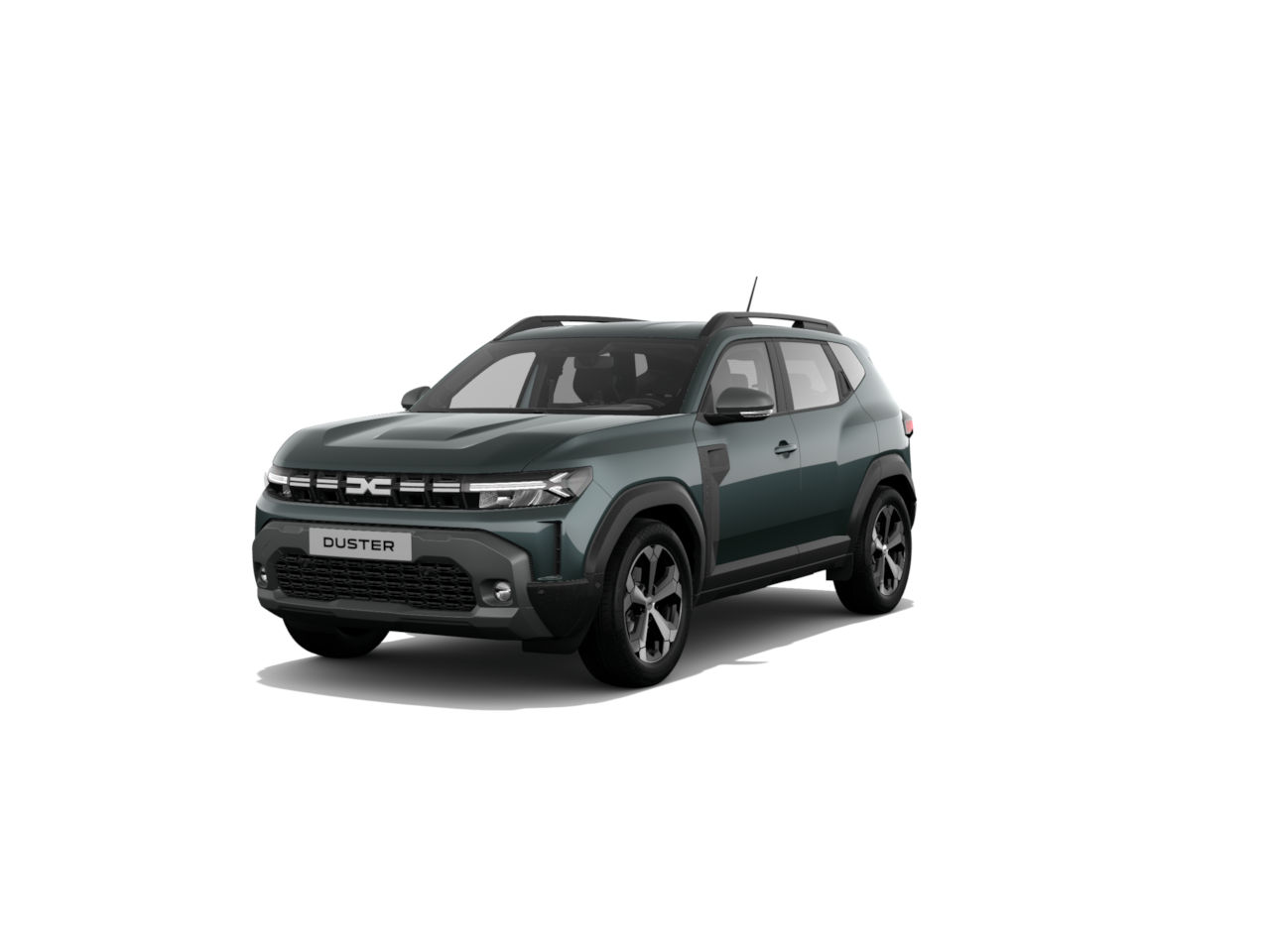 Duster SUV in grün, frontalansicht auf weißem Hintergrund, moderne Linien und robustes Design.