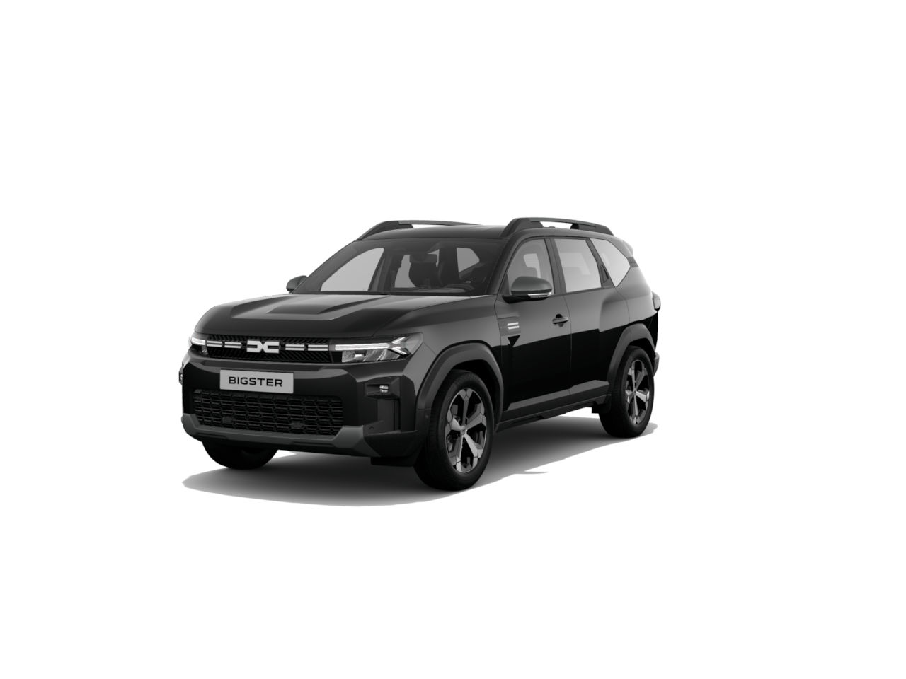 Ein schwarzer Bigster SUV vor weißem Hintergrund mit markantem Design und sportlichen Felgen.