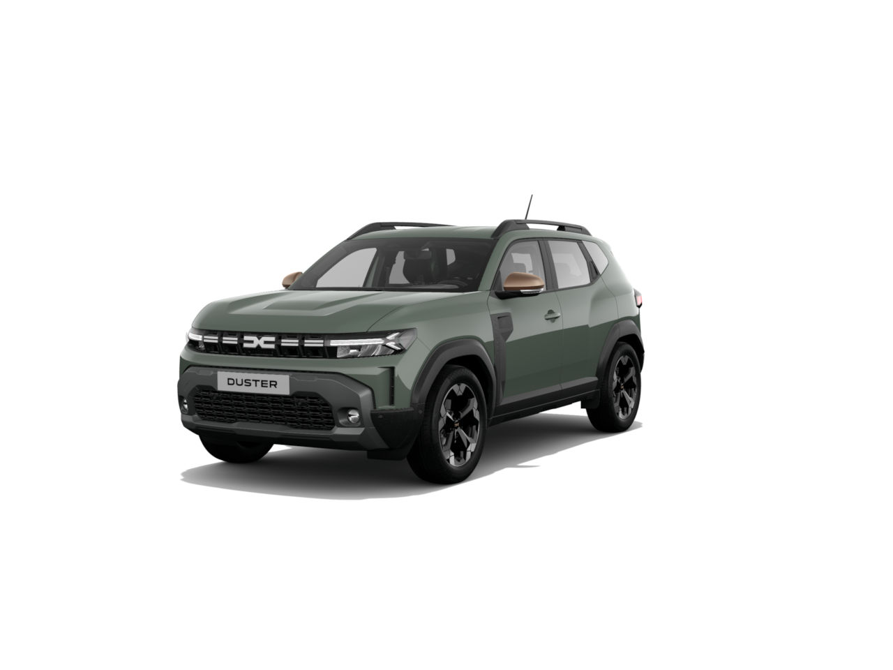 Neues Duster SUV in mattem Grün mit sportlichem Design und schwarzen Felgen auf weißem Hintergrund.