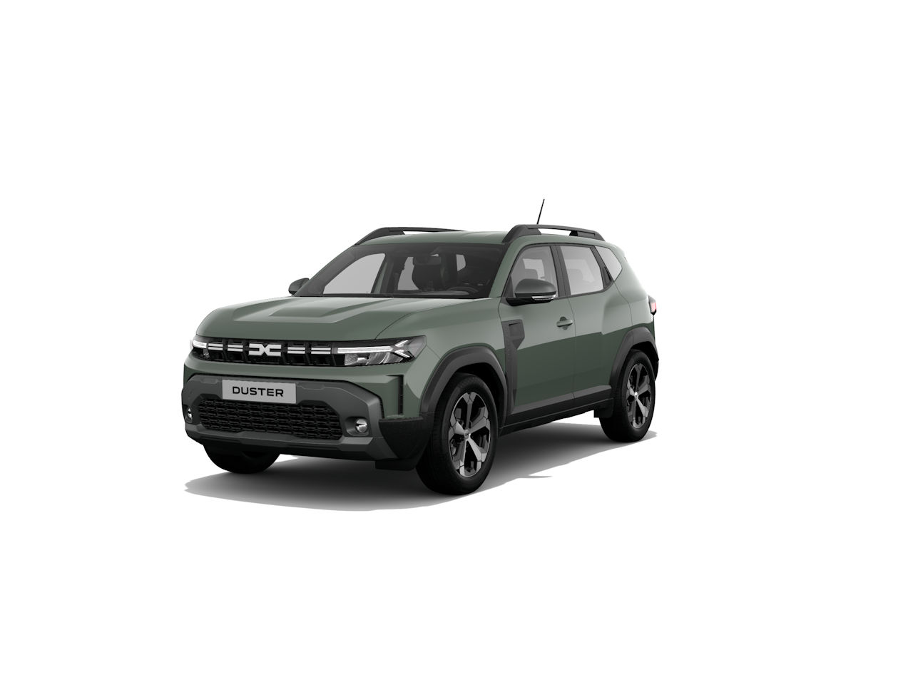 Der neue Dacia Duster in mattem Olivgrün, SUV-Design mit markanter Front und sportlichen Felgen.