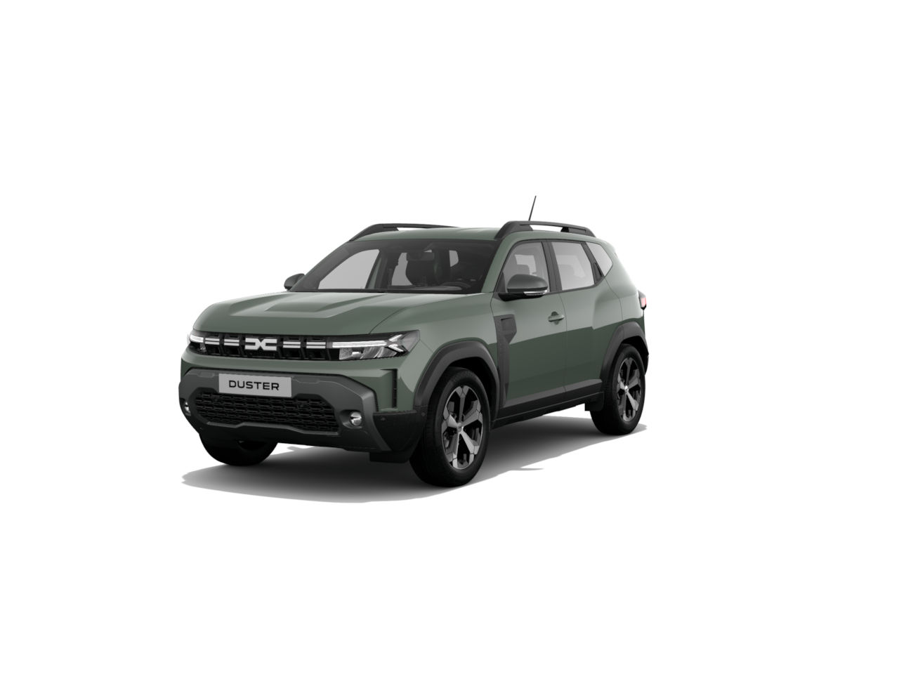 Grüner Duster SUV mit modernem Design, frontalansicht, auf weißem Hintergrund.