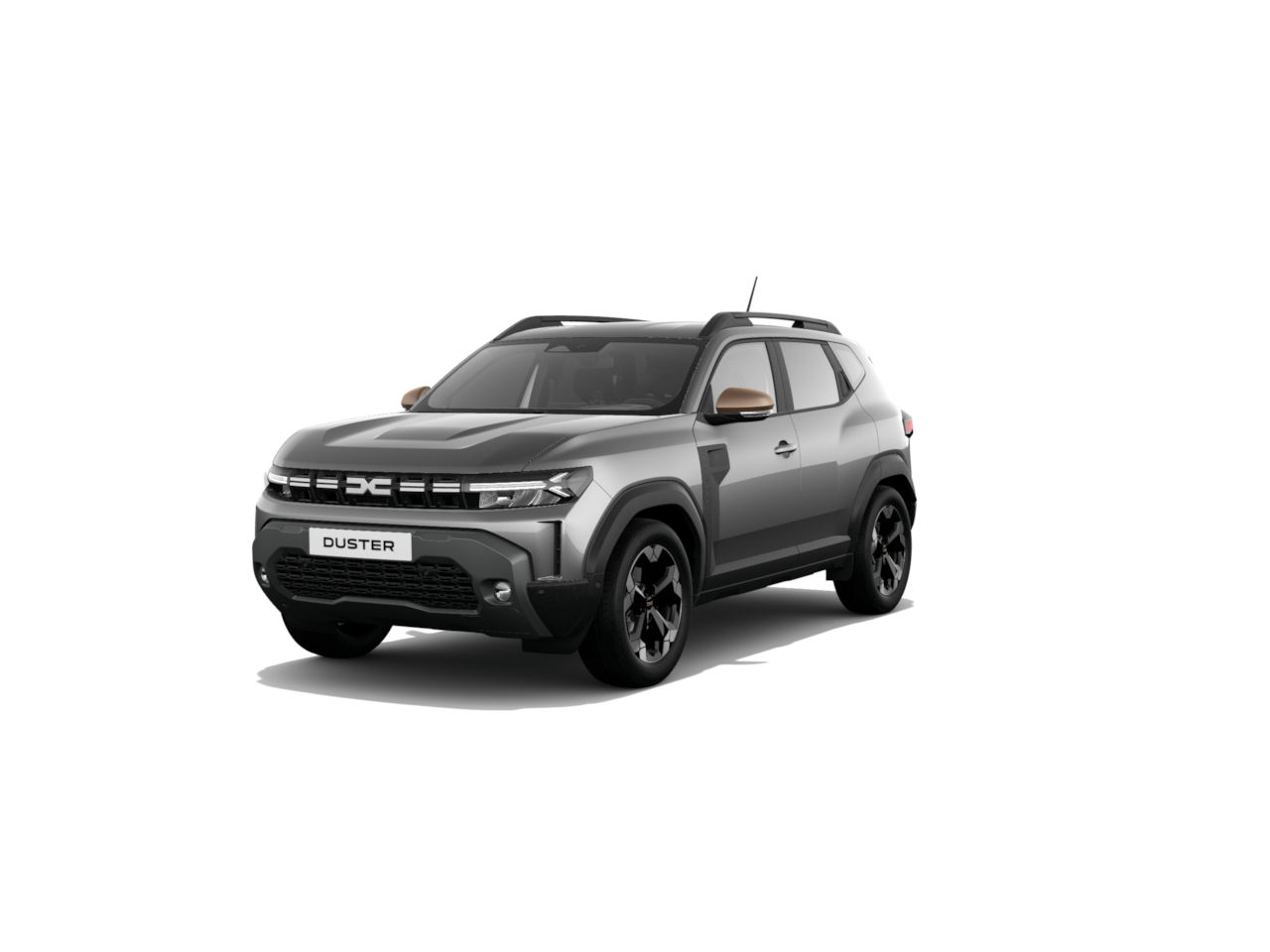 Ein neuer Duster SUV in Grau mit schwarzen Akzenten, präsentiert in einer Seitenansicht.
