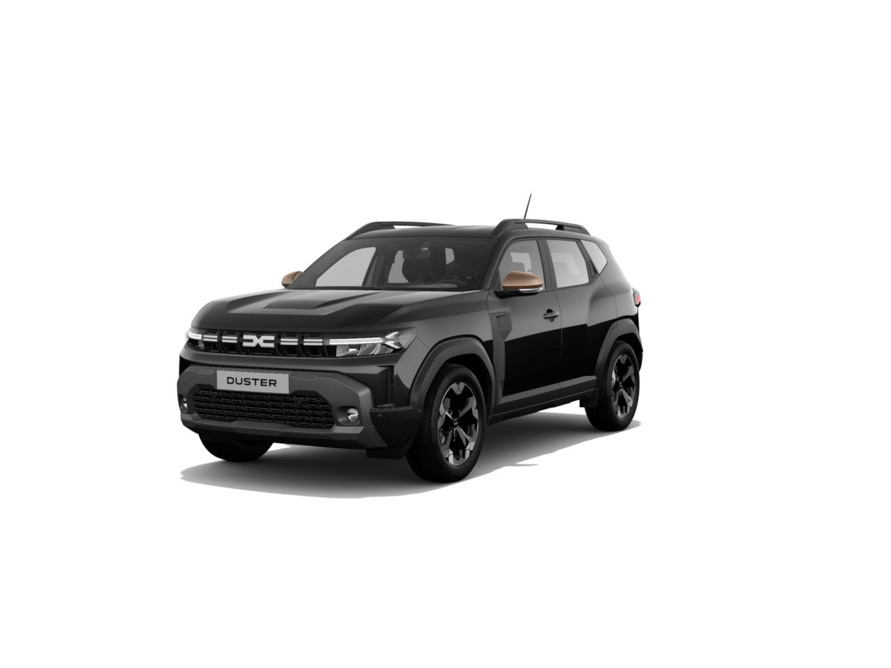Schwarzer Duster SUV mit sportlichem Design, angedeuteten Linien und modernen Fahrzeug-Features, auf weißem Hintergrund.