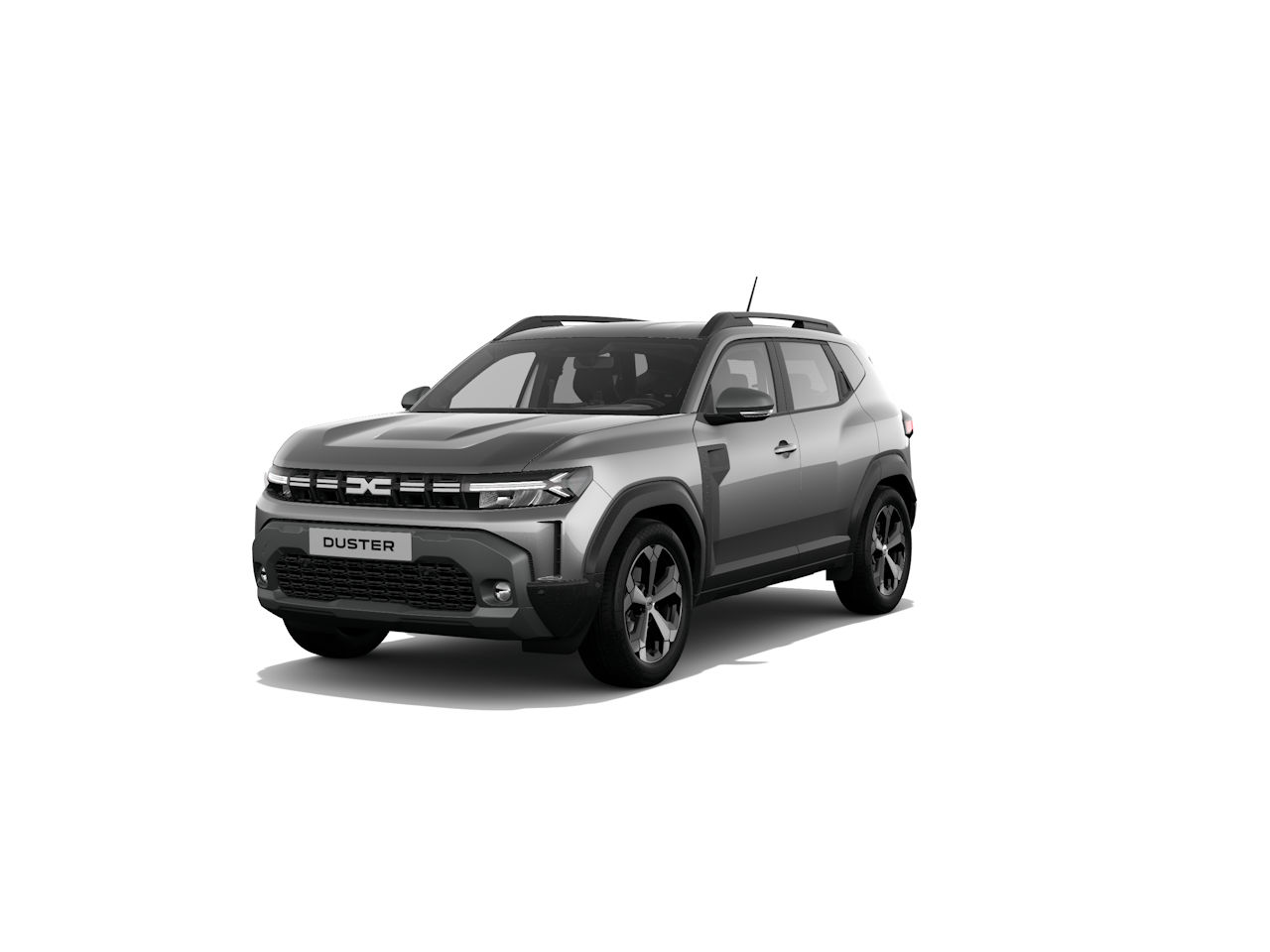 Ein grauer Duster SUV auf weißem Hintergrund, moderner Look mit markanten Scheinwerfern und sportlichen Felgen.