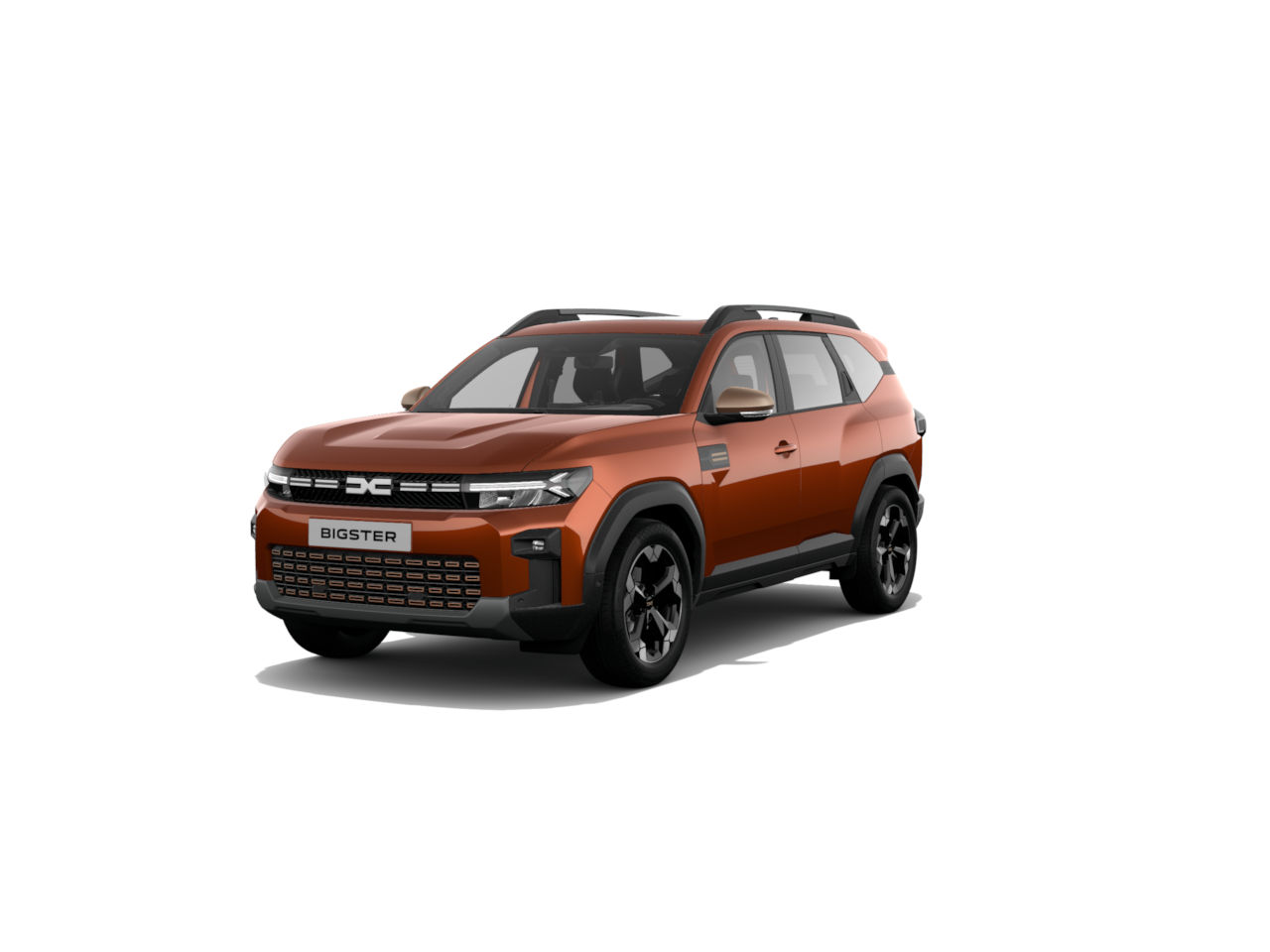 Ein orangefarbenes SUV namens Bigster, mit markanten Designelementen und schwarzen Felgen auf hellem Hintergrund.