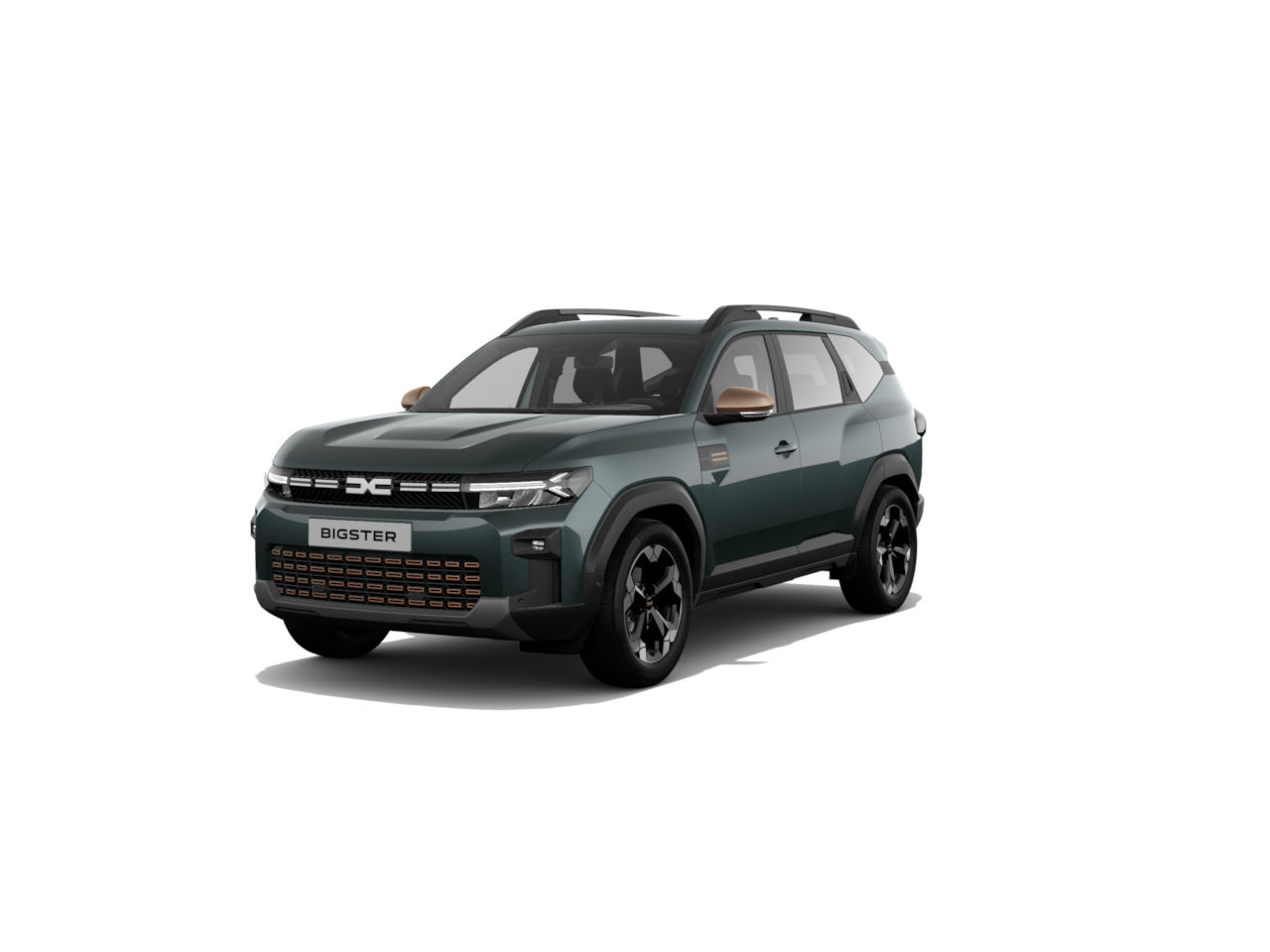 Moderne SUV mit grünem Lack, sportlichem Grill und schwarzen Felgen. Modellname: BIGSTER.