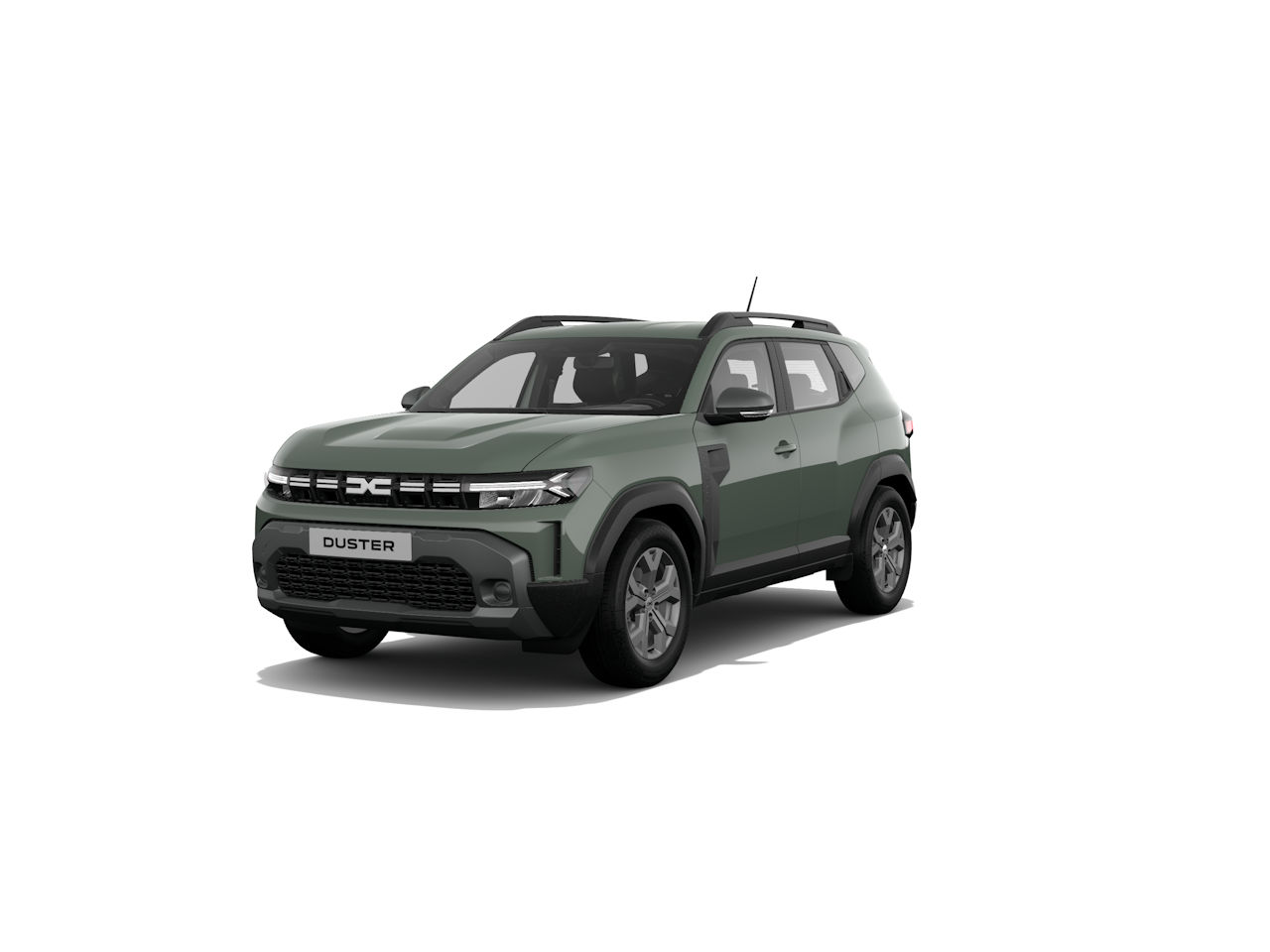 Ein grüner SUV Duster, frontal sichtbar, mit modernen Designelementen und großen Rädern.