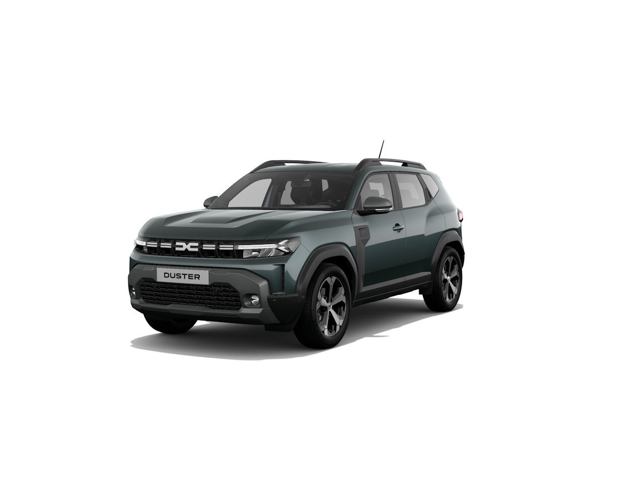 Der Dacia Duster in dunkler Farbe, Vorderansicht, SUV-Design, moderne Linien und robuste Ausstattung.