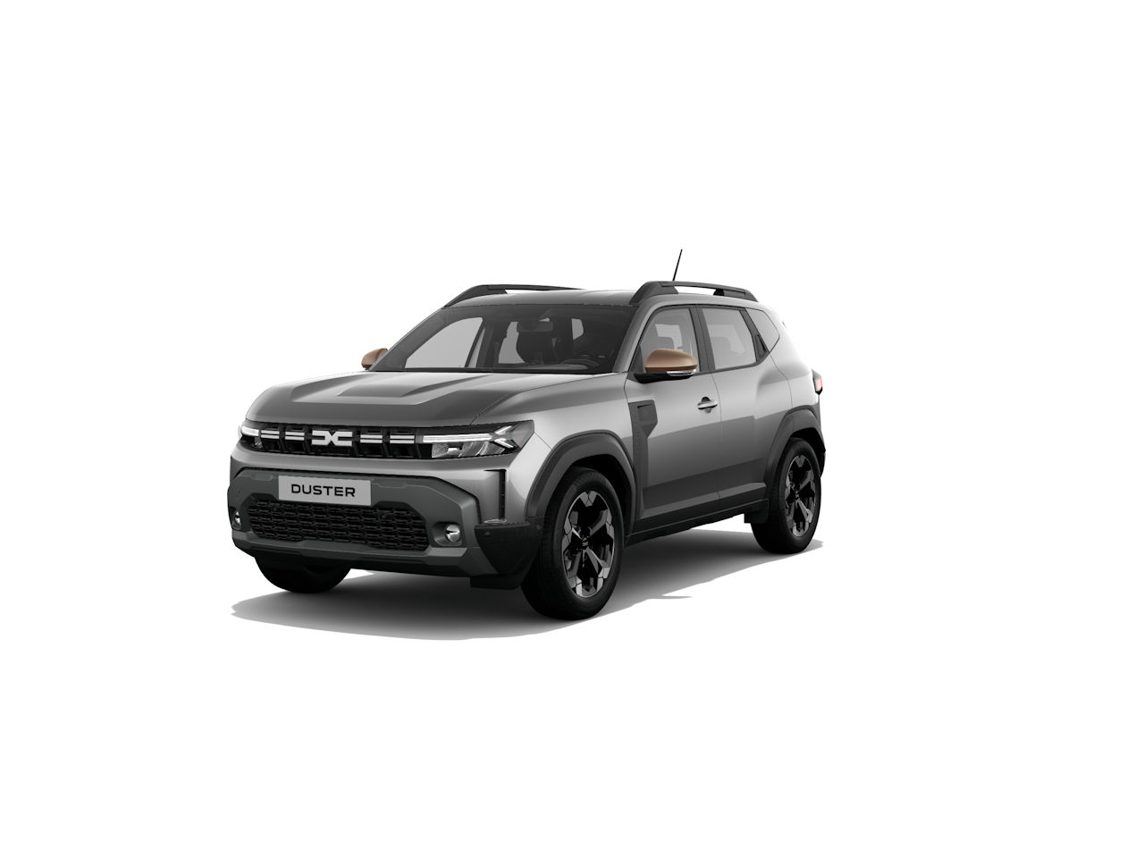 Der neue Duster in Silber und Schwarz, ein kompakter SUV, steht auf einem weißen Hintergrund.