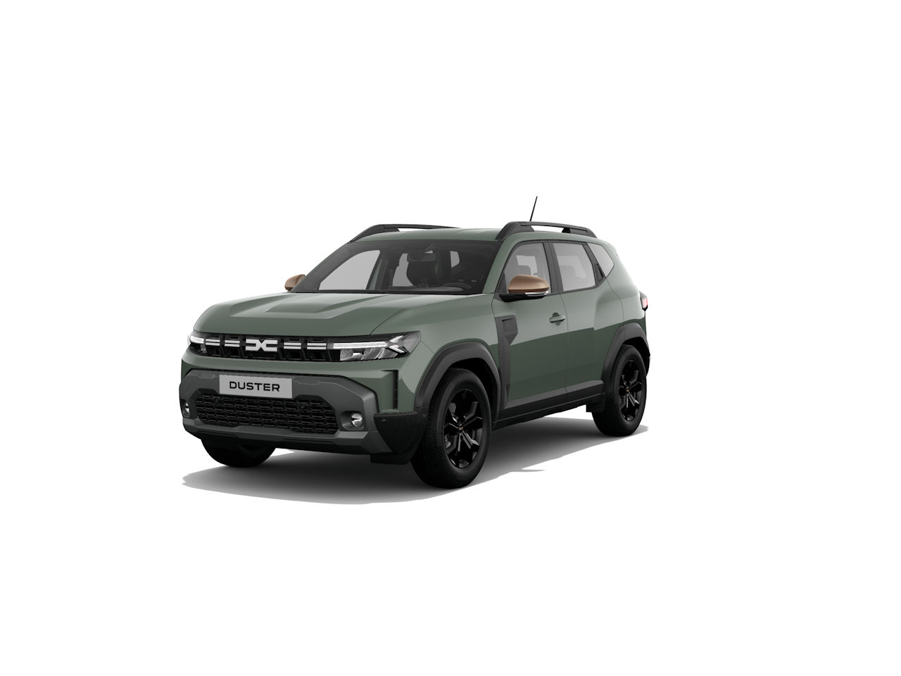 Dacia Duster in grün mit schwarzen Felgen, SUV-Design, seitliche Sicht, moderne Linien.