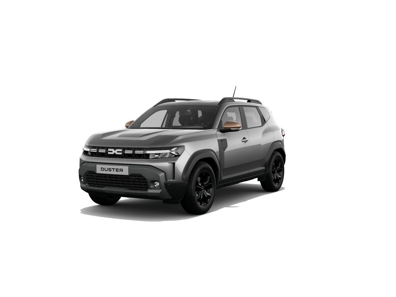 Renault Duster, ein SUV in Grau mit schwarzen Akzenten, steht frontal auf weißem Hintergrund. Modernes Design.