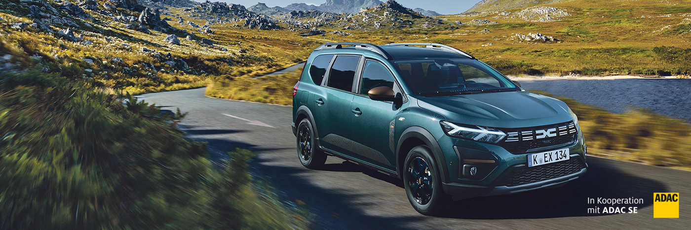 Ein SUV fährt auf einer kurvigen Straße durch eine malerische Landschaft mit Bergen und Wiesen.