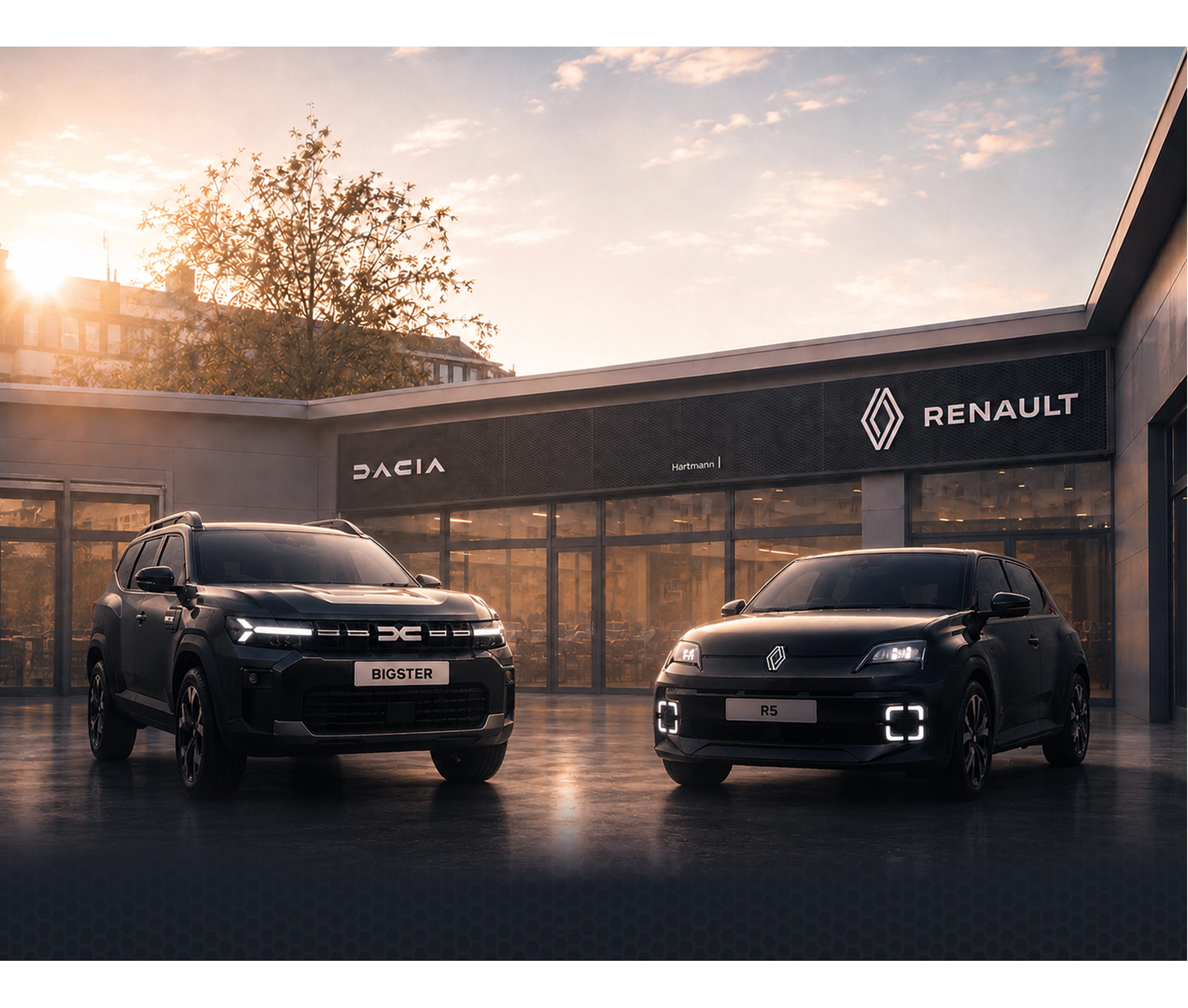 Zwei Autos, Dacia Bigster links und Renault R5 rechts, vor modernen Verkaufsräumen bei Sonnenuntergang.
