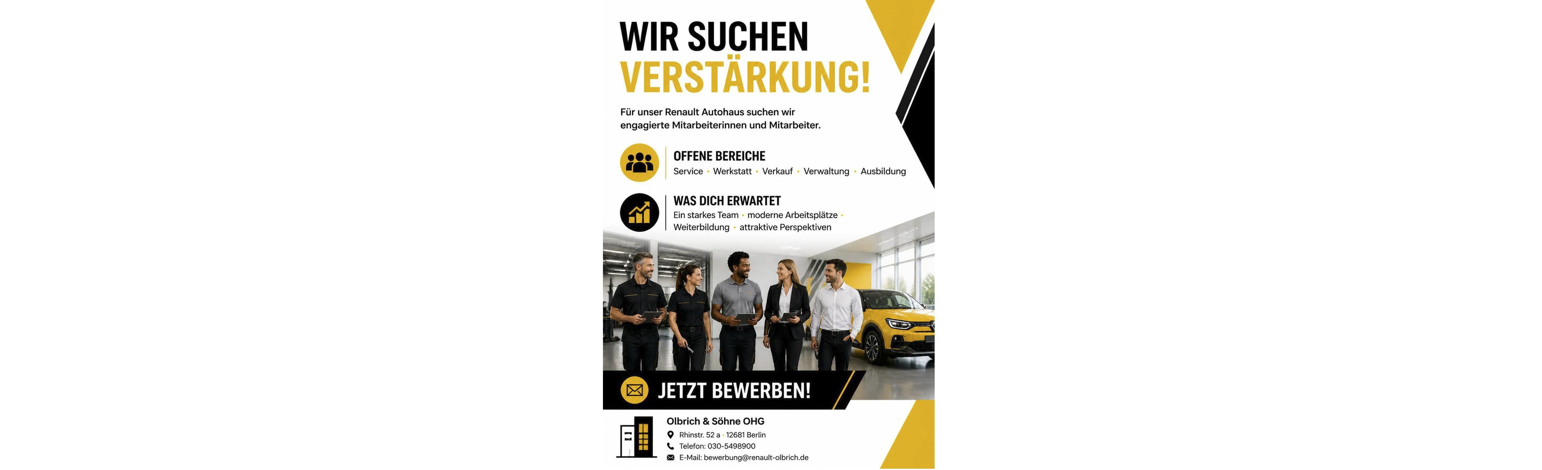 Stellenanzeige für eine Renault Werkstatt mit Team, Fahrzeug und Informationen zu offenen Stellen.