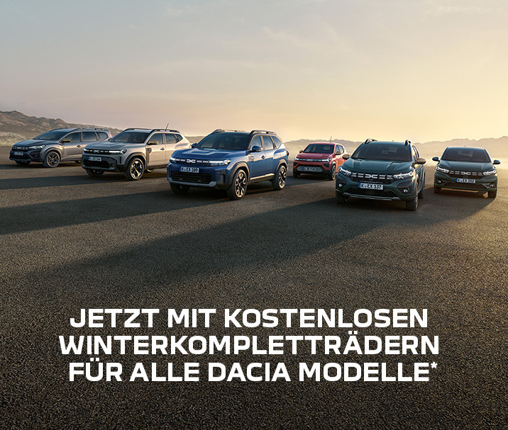Sechs Dacia Modelle auf einer Straße mit dem Text: Jetzt mit kostenlosen Winterkompletträdern für alle Dacia Modelle.
