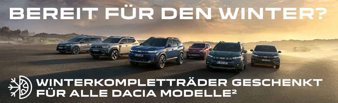 Sechs Dacia Modelle stehen in einer winterlichen Landschaft, mit dem Slogan über Winterkompletträder.