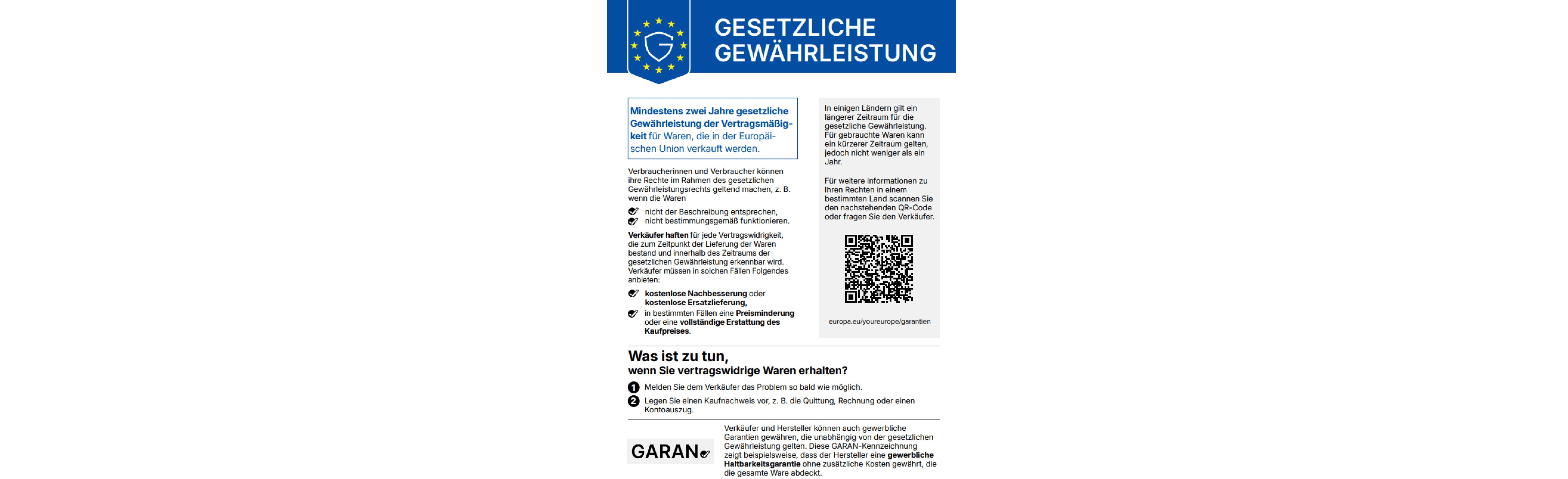 Informationen zur gesetzlichen Gewährleistung, was bei mangelhaften Waren zu tun ist, QR-Code vorhanden.