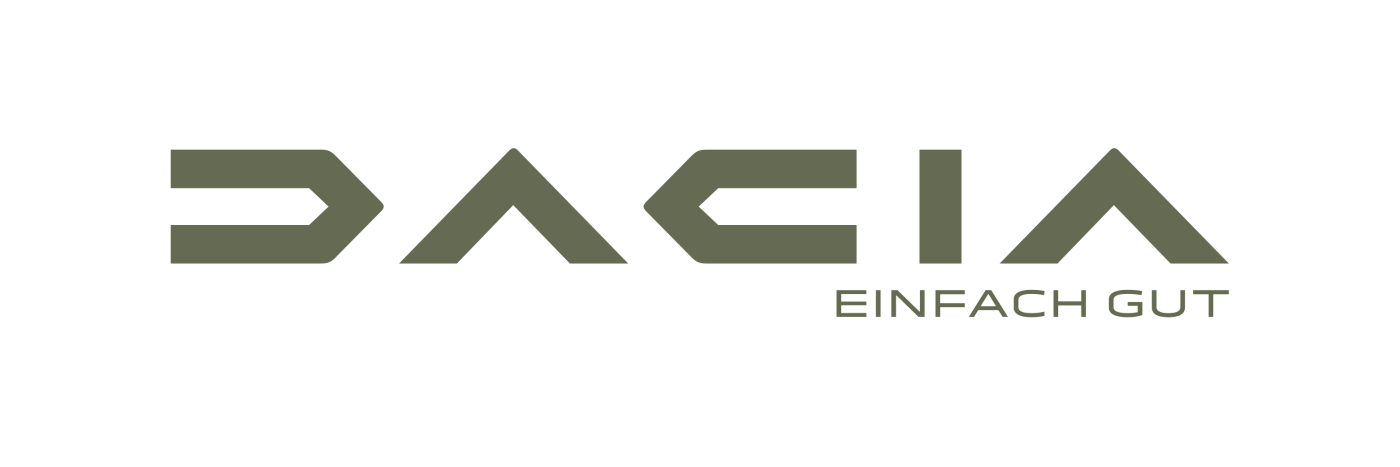 Logo von Dacia mit dem Slogan „Einfach Gut“ auf schwarzem Hintergrund.