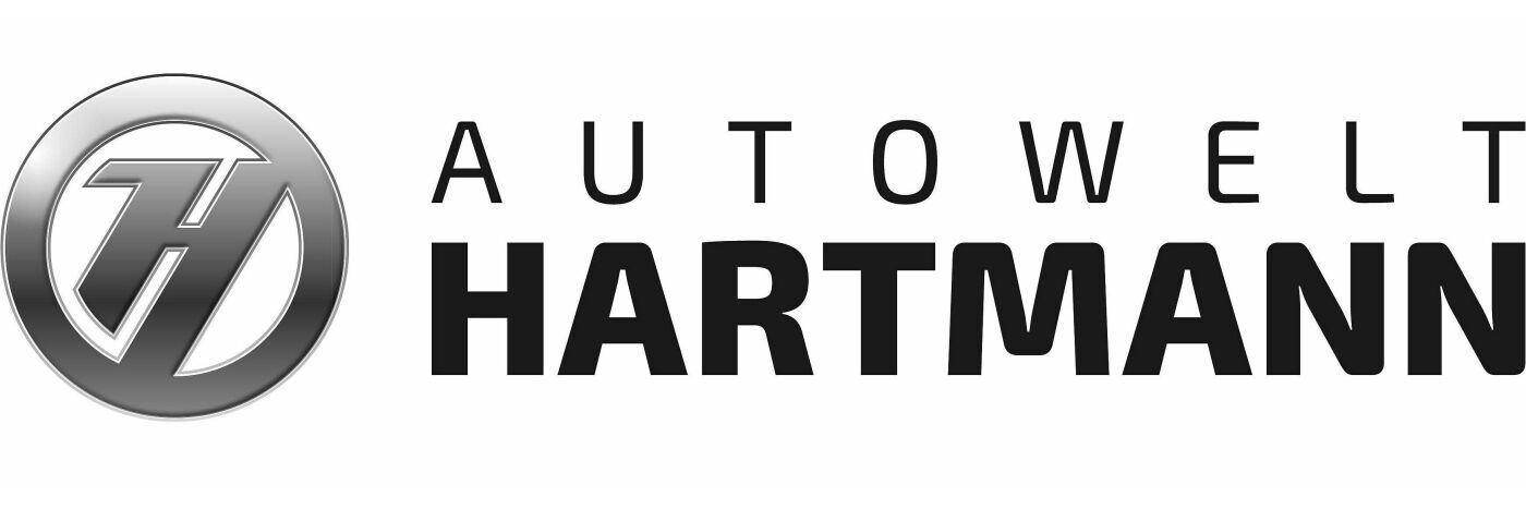 Logo von Autowelt Hartmann, stilisiertes H in Silber und Firmenname in Schwarz.