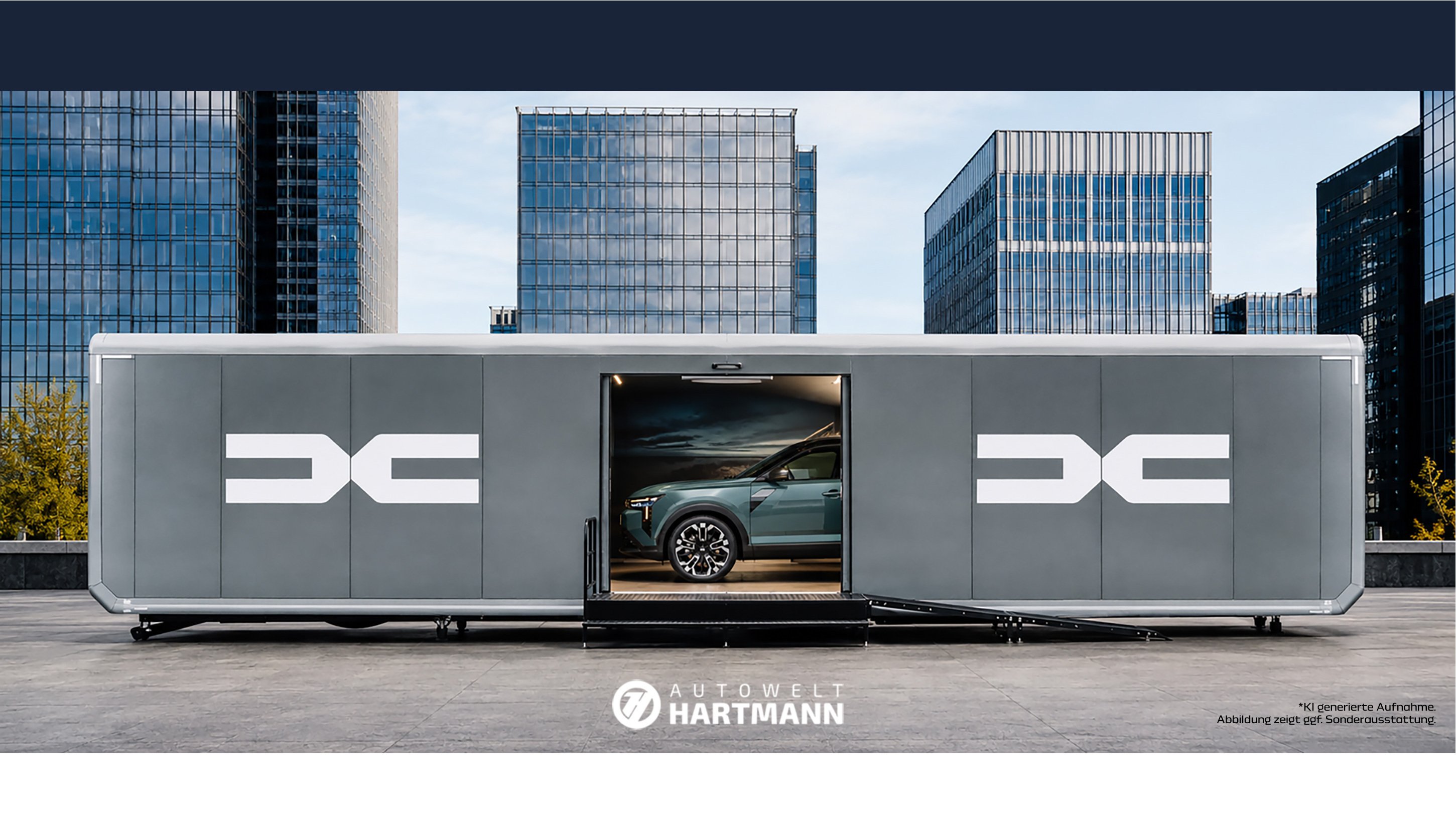 Autowelt Hartmann: moderner Fahrzeugausstellungsanhänger vor modernen Gebäuden.