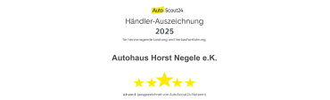 Zertifikat für Autohaus Horst Negele e.K. mit Händler-Auszeichnung 2025 von AutoScout24, 5 Sterne Bewertung.