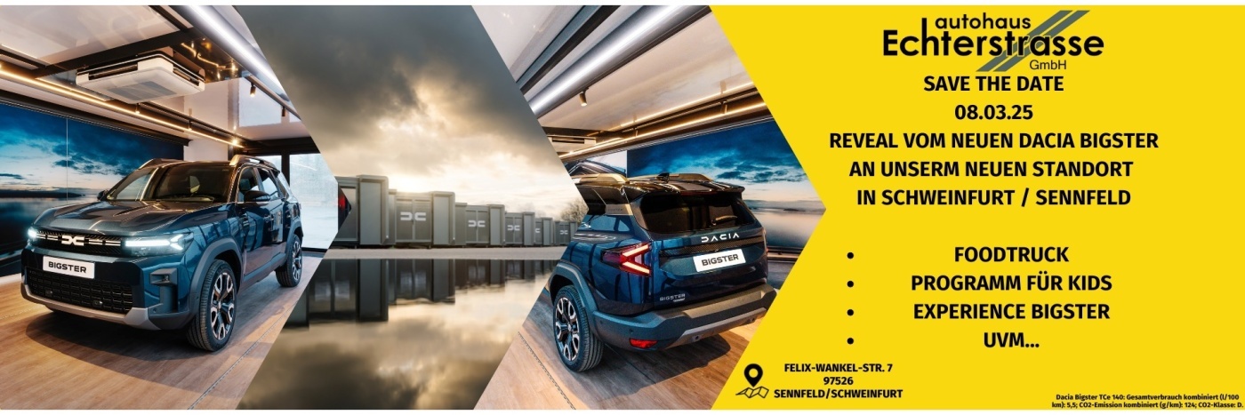 Ankündigung zur Enthüllung des neuen Dacia Bigster im Autohaus Echtersstrasse, mit Informationen zu Event und Aktivitäten.